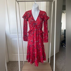 ASOS Petite Red Floral Ruffel Vneck Maxi Dress Long Sleeves Size US 00 NWT